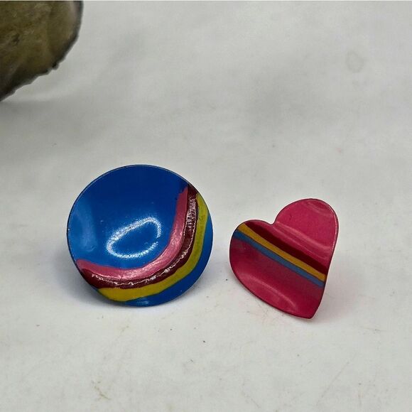 "5/$25" Mismatched Colorful Retro 80s Pop Art Circle/Heart Metal Stud Earrings - Picture 1 of 6